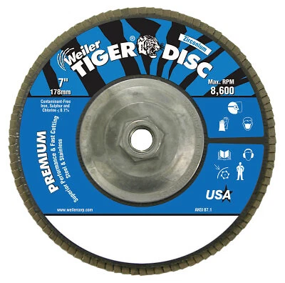 Tiger Disc Angled Style Flap Discs, 7", 80 Grit, 5/8 Arbor, Aluminum Back Weiler
