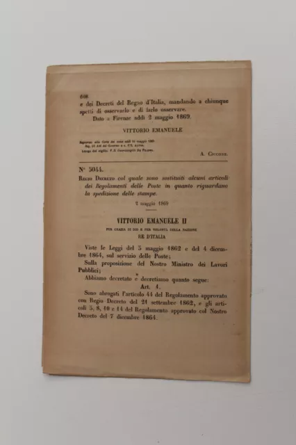 Firenze 1869 Decreto:nuovi Articoli Regolamento Poste+Spedizione Stampe-Ll802