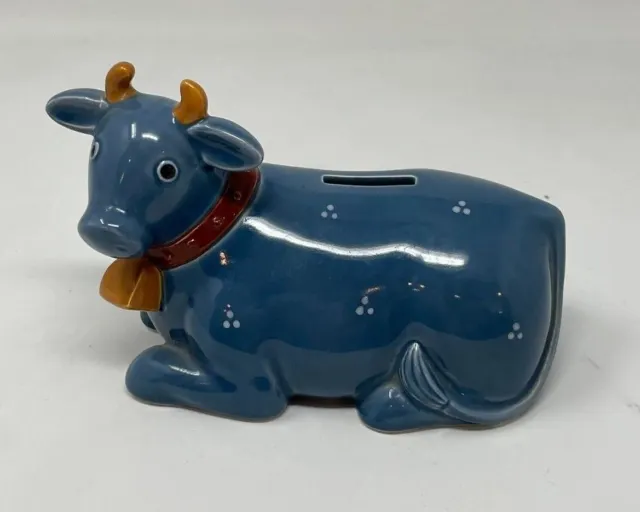 Otagari Blue Cow Piggy Bank Vintage 1980's Hand Painted Japan