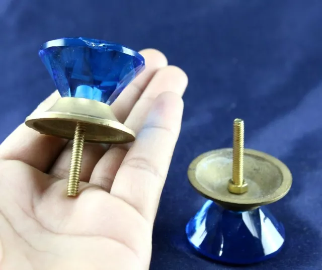 Vintage Victorian Style Blue Glass Door Knob: Brass Base, Set of 2 Pcs