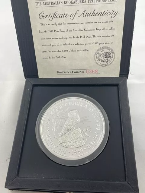 1991 Australia 10oz Proof Kookaburra - Perth Mint $50 Silver Coin with COA -