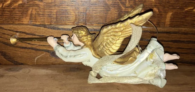 Vintage Victorian Angel w/Trumpet Resin Christmas Ornament