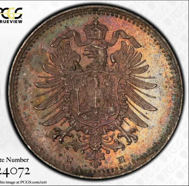 Germany Empire 1874 - E 20 pfennig Silver Coin PCGS UNC J-5 toned scarce TOP 3