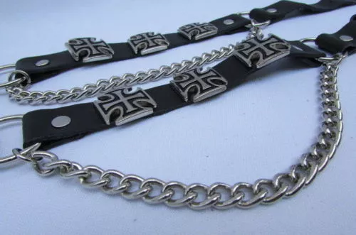 Men Western Iron Cross Silver Boot Chain Pair Black Color 2 Straps Shoe Bracelet
