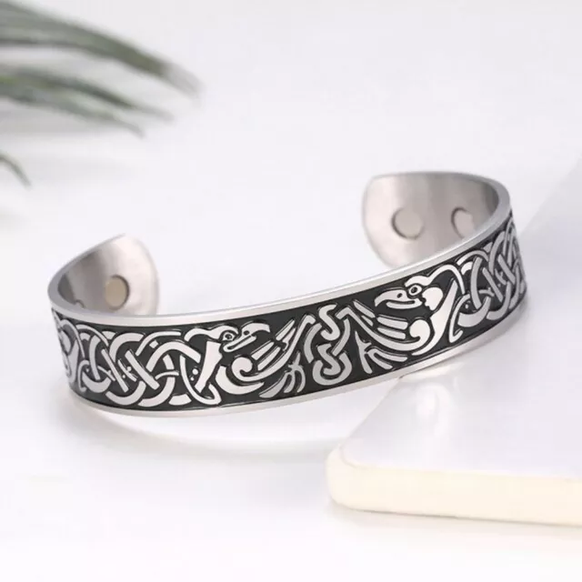 Viking Odins Ravens Bracelet Silver Stainless Steel Norse Huginn Muninn Cuff