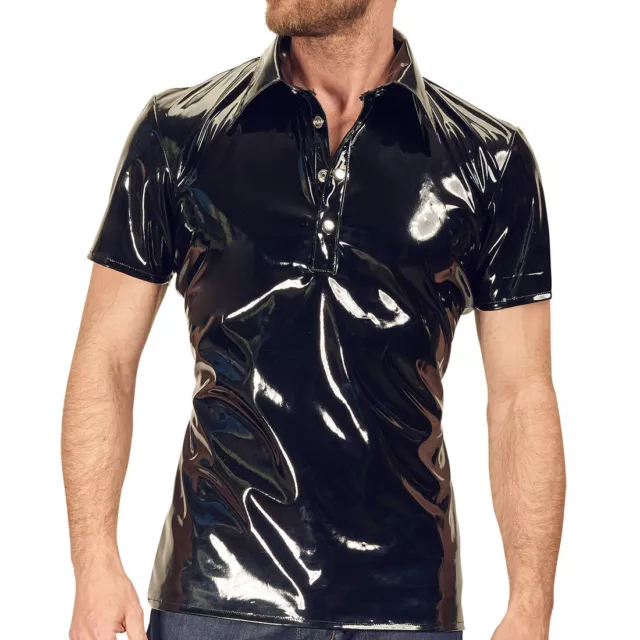 Herren Lack Polo-Shirt M-XXL Stretch Knopfleiste Wetlook Glanz PVC Kragen Turner