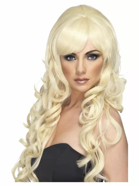 NEW Ladies Blonde Pop Starlet Long Curly Wig Smiffys Fancy Dress Accessorises