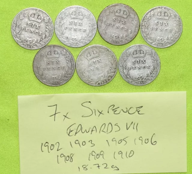 7x (different) 1902 - 1910 6d British Sixpence Coins Edward VII (1901-1910) 19g