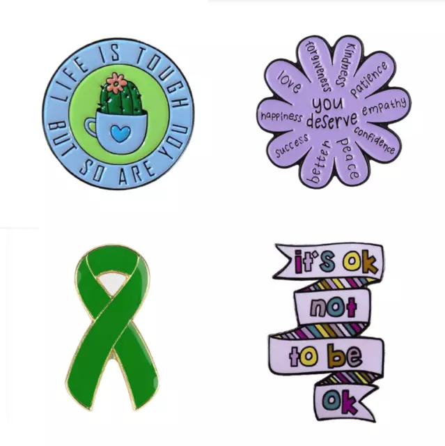 Mental Health Support Pin Badge Brooch Enamel Brass Lapel Clip Green Ribbon UK