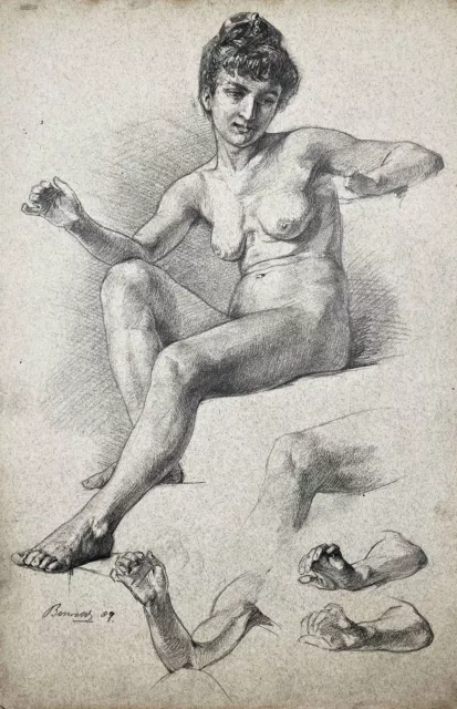 Ludwig Berwald - nude woman nu Frau weiblicher Akt Zeichnung Berlin 1889