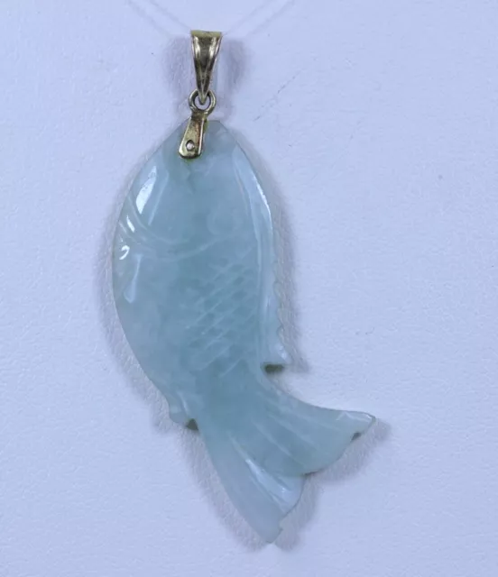 Beautiful 14K Yellow Gold Hand Carved Jade Fish Pendant 2"- 13365