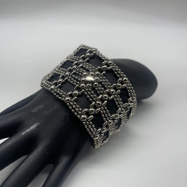 Sergio Gutierrez SG Silver Liquid Metal Black Leather Wide Bracelet Sergio Gutierrez SG Silver Liquid Metal Black Leather Wide Bracelet
