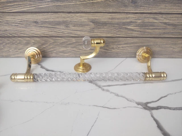 ✨Art Deco Brass & Glass Bathroom Towel Bar & Hook  Hardware 2 Pcs. Set NICE!✨