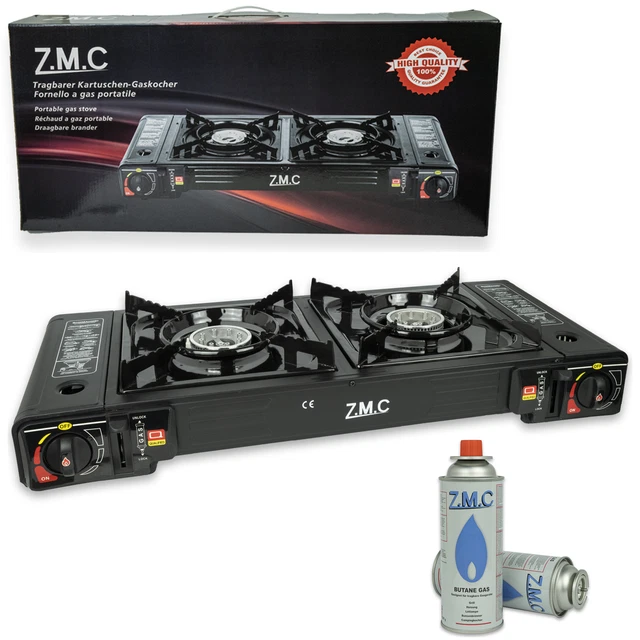 ZMC Campingkocher 2 flammig Outdoor Camping Gaskocher Grillplatte +Gaskartuschen