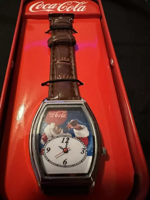 Vintage Coca Cola Santa Watch in Coke Machine Tin Quartz Analog Leather Band
