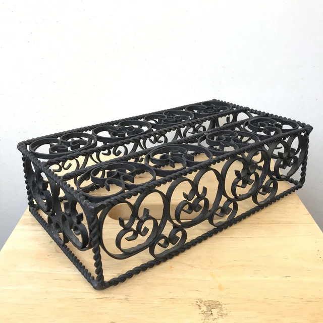 Vintage Antique Black Ornate Cast Iron Tissue Box Holder Cover Victorian Style