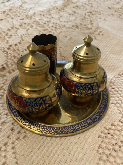 Brass Salt & Pepper Shakers Set With Tray And Toothpick Holder
