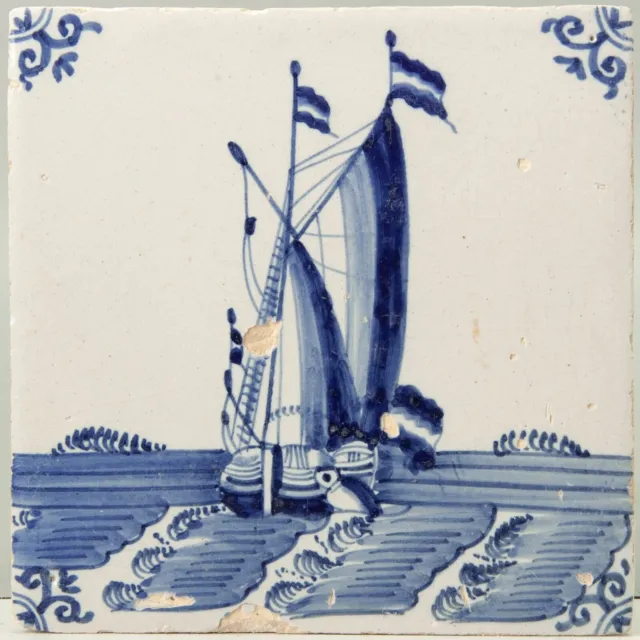Nice Dutch Delft Blue tile, sailboat, 18th century.
