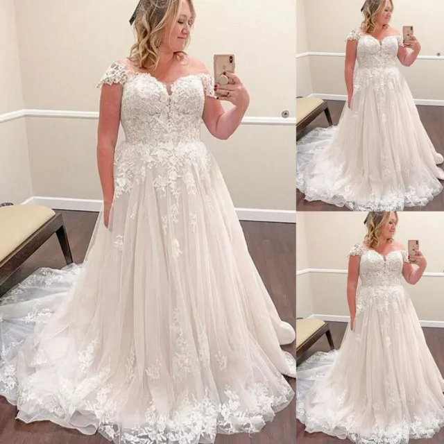 Plus Size Wedding Dresses Lace Applique A Line Cap Sleeves Beach Bridal Gowns