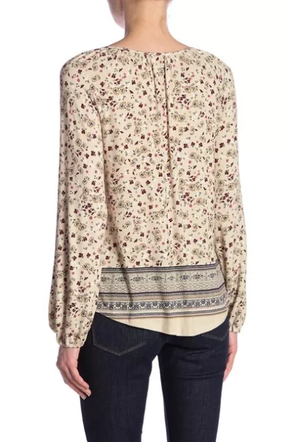 $98 Susina Women'S Beige Floral Long-Sleeve Scoop Tie-Neck T-Shirt Blouse Top L 2