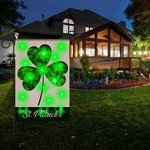 St Patrick's Day Garden Flag with Green Led Lights Good Shamrock Luck Truck
