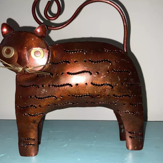 Punched Tin Cat Tea Light Holder Copper Color Decor Cute Kitty