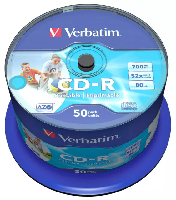 50 Genuine Verbatim Blank CD-R White CD Printable 700MB 52x 80Mins 43438 Spindle