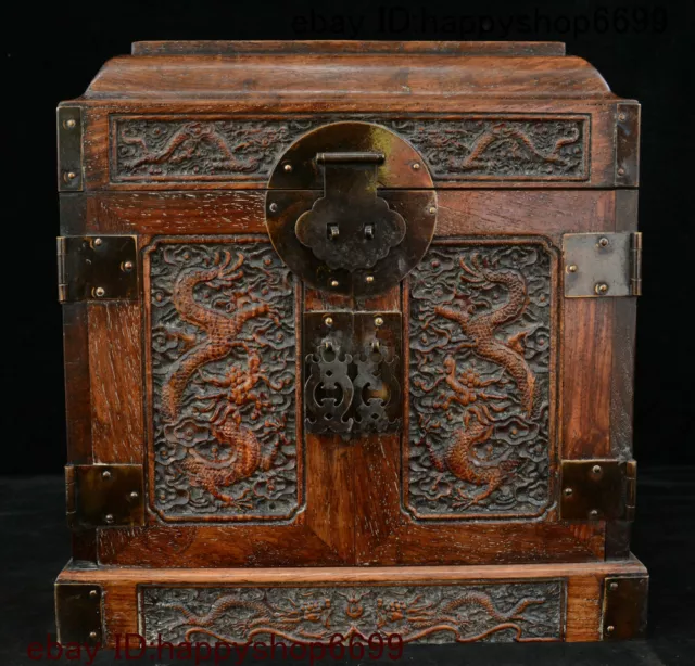 Chinese Huang Huali Wood Carved Dragon Drawer Locker Storage Jewelry Box Statue