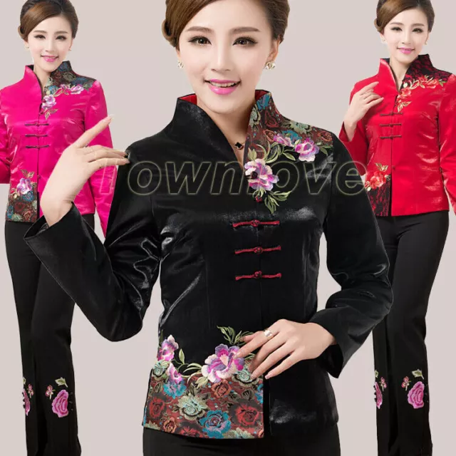 Women Chinese Style Coat Embroidery Imitated Silk Satin Long Sleeve Jacket Tang