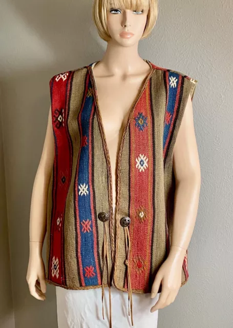 Unisex Vintage Bouchér Antique Kilim Vest Silver Star Concho Closure Large Lined