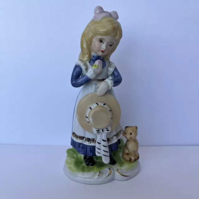 VINTAGE Little Girl With Cat Ceramic Figurine 7”  Blue Dress Hat Blonde Hair