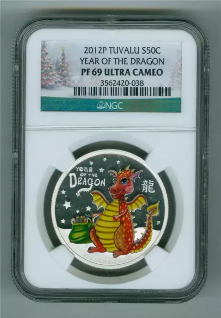 Tuvalu 2012-P 50 Cents Year Of The Dragon Colorized 1/2 Oz .999 Silver Ngc Pf-69