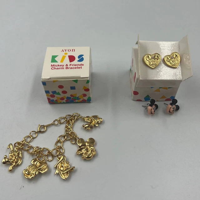Avon Vintage Kids Mickey & Friends Minnie Mouse Earrings Charm Bracelet NEW