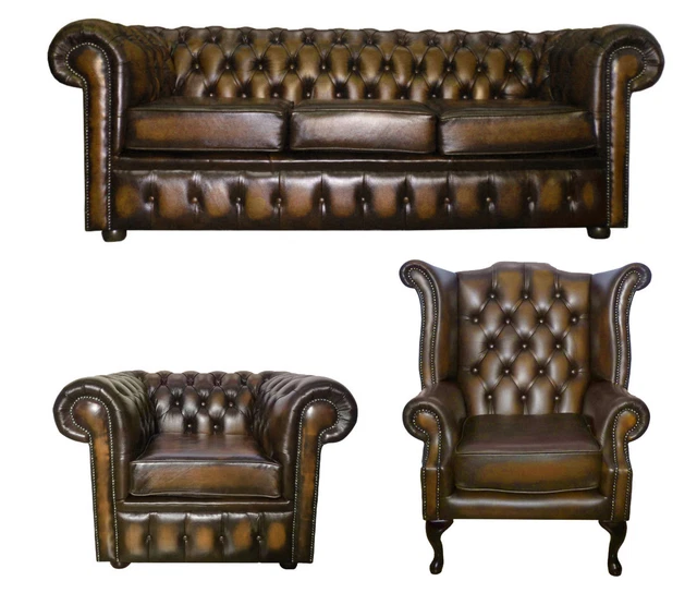 Chesterfield Three Seater Sofa + Queen Anne + Club Chair + Stool Antique Brown