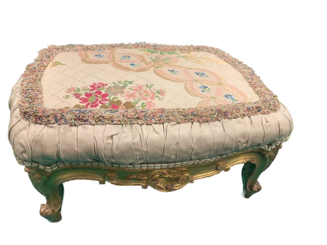 Original Antigua Taburete Reposapiés Madera Grabado Dorado Época XIX Siglo