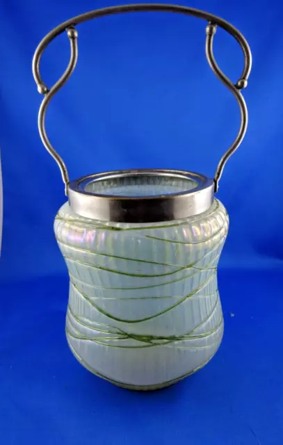 Irisierender Jugendstil Eisbehälter oder Vase mit Metall Montur