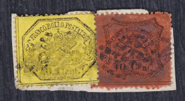 Italy Papal Roman States 1867 values 10 and 40 cent, used (o) on cutting