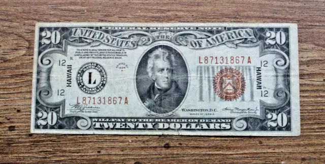1934 A $20 Dollar Hawaii Federal Reserve Note WWII Currency Fr2304