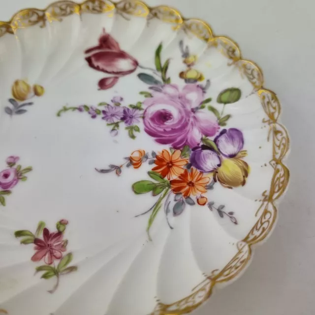 Vintage Dresden Fluted Porcelain Saucer Painted With Flowers #2 3