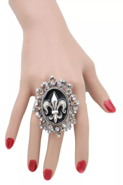 Women Silver Metal Ring Filigree Fleur De Lys French Style Flower Lily Jewelry