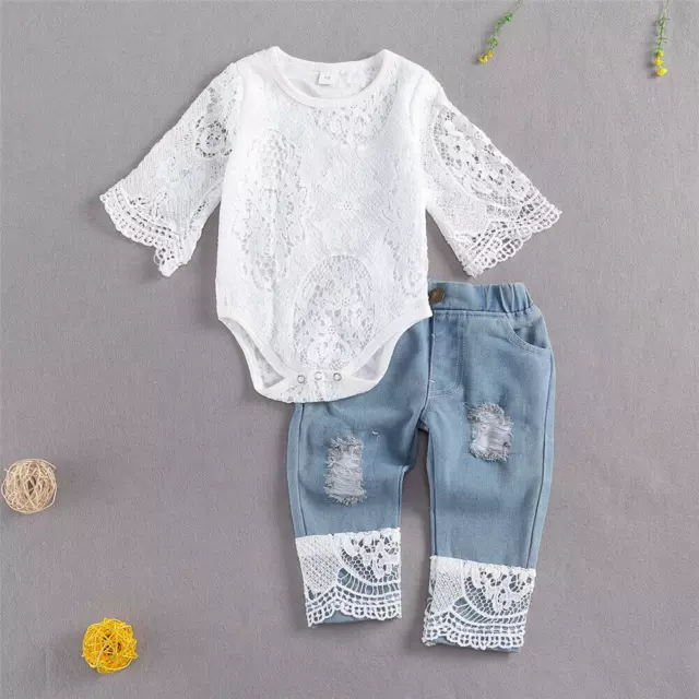 Newborn Infant Baby Girl Romper Clothes Lace Tops Denim Long Pants Jeans Outfits 2