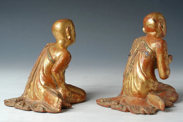 19th Century, Mandalay, A Pair of Antique Burmese Wooden Seated Disciples 10