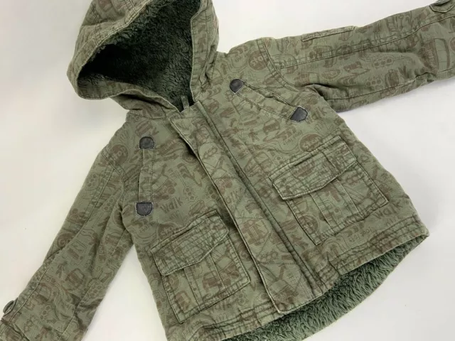 Boy Coat Baby 12-18 Months Green Hood Winter Marks & Spencer Cars Fluffy Jacket
