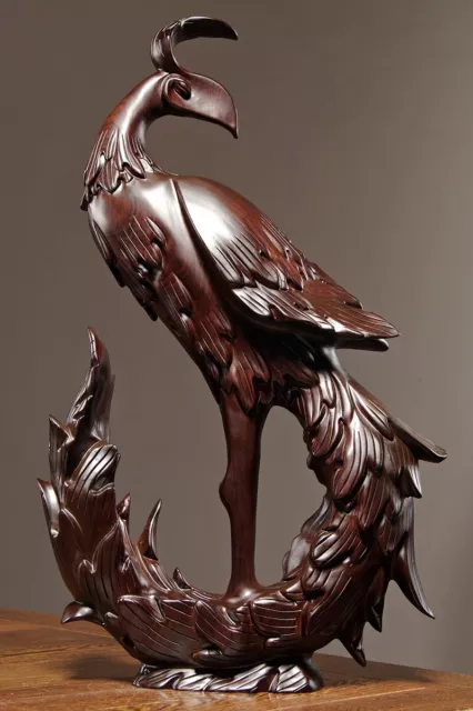 7.0" Solid Ebony Wood Carved Chinese Phoenix Statue Sculpture Feng Shui Decor