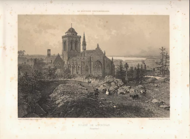 1865 Lithographie Eglise de Locronan Finistère Bretagne