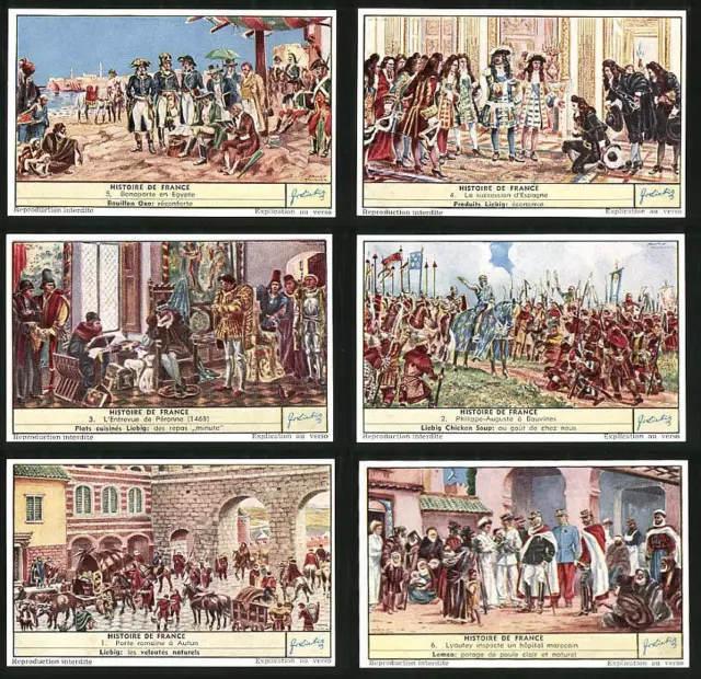 6 Sammelbilder Liebig, Serie Nr. 1629: Histoire de France, Ritter, Pferde, Schl