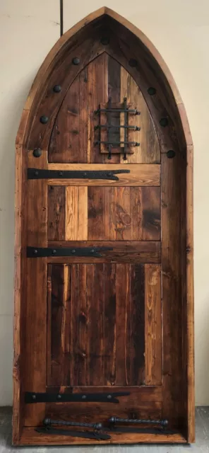 Rustic reclaimed lumber arched top door solid wood TUDOR wine cellar castle iron