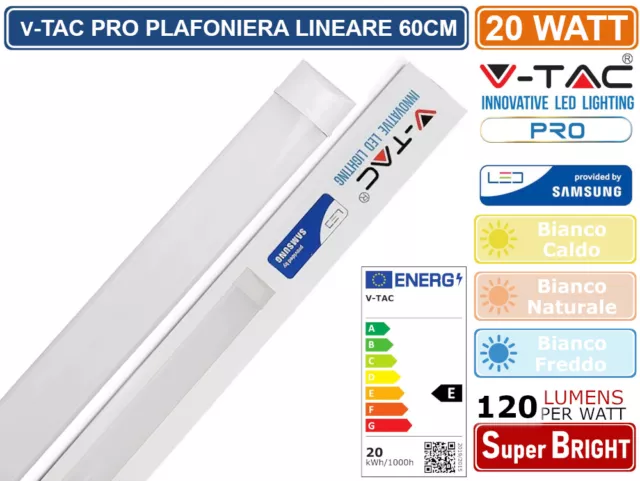 V-Tac Pro Vt-8-20 Tubo Led Prismatico Plafoniera 20W Lampadina 60Cm Chip Samsung