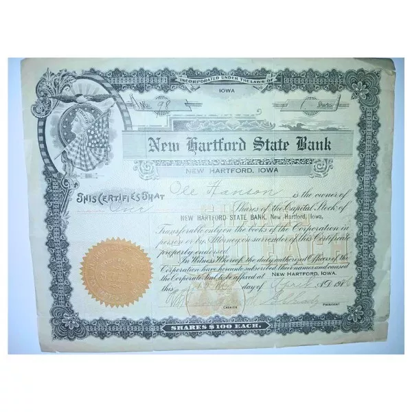 1926 New Hartford Bank Stock signed by Ole Hanson of San Clemente.