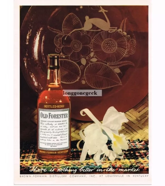 1944 OLD FORESTER Bourbon Whiskey Flower Fancy Dinner Plate Vintage Print Ad